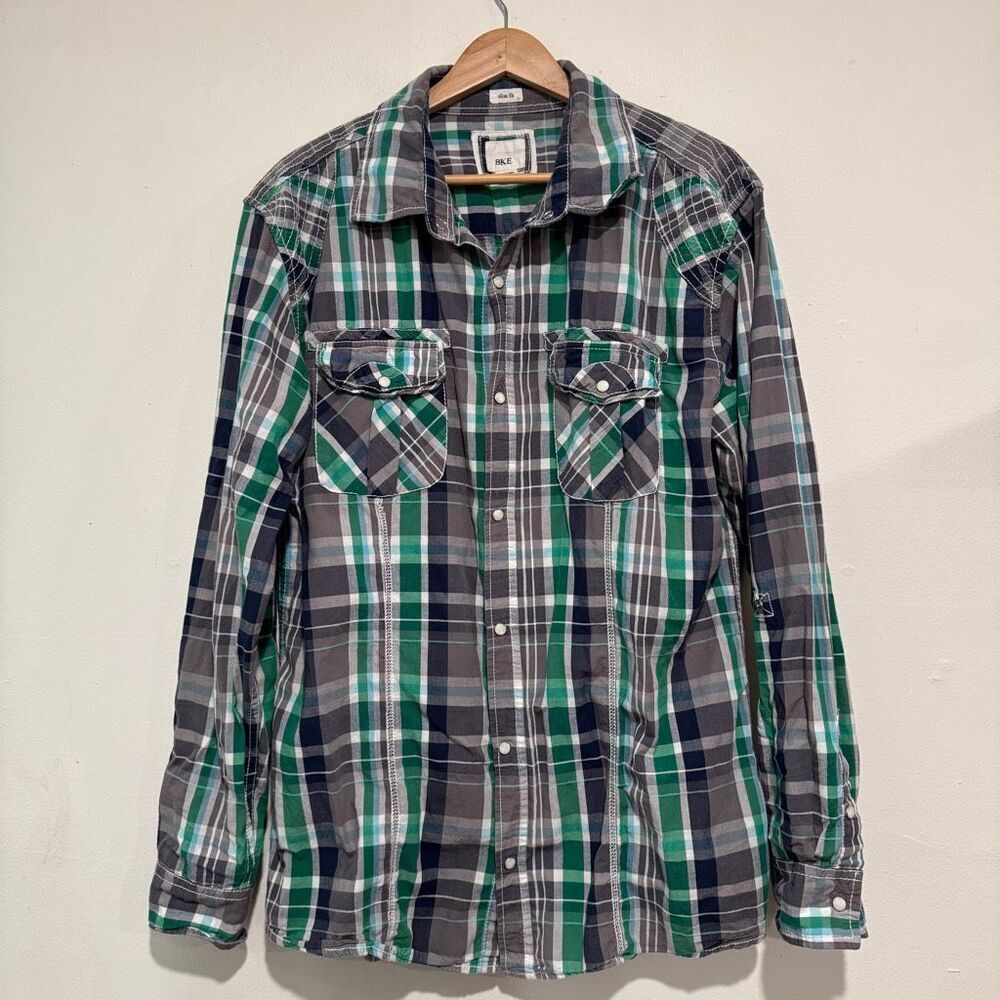 BKE Mens Green Pearl Snap Western Button Down Size X-Large Slim Fit